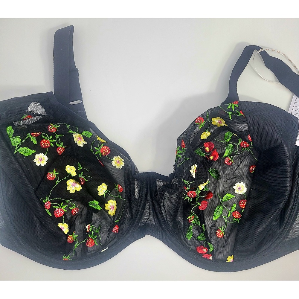 NWT Elomi Samira Underwire Plunge Bra Black EL300902BLK Womens 40N Embroidered